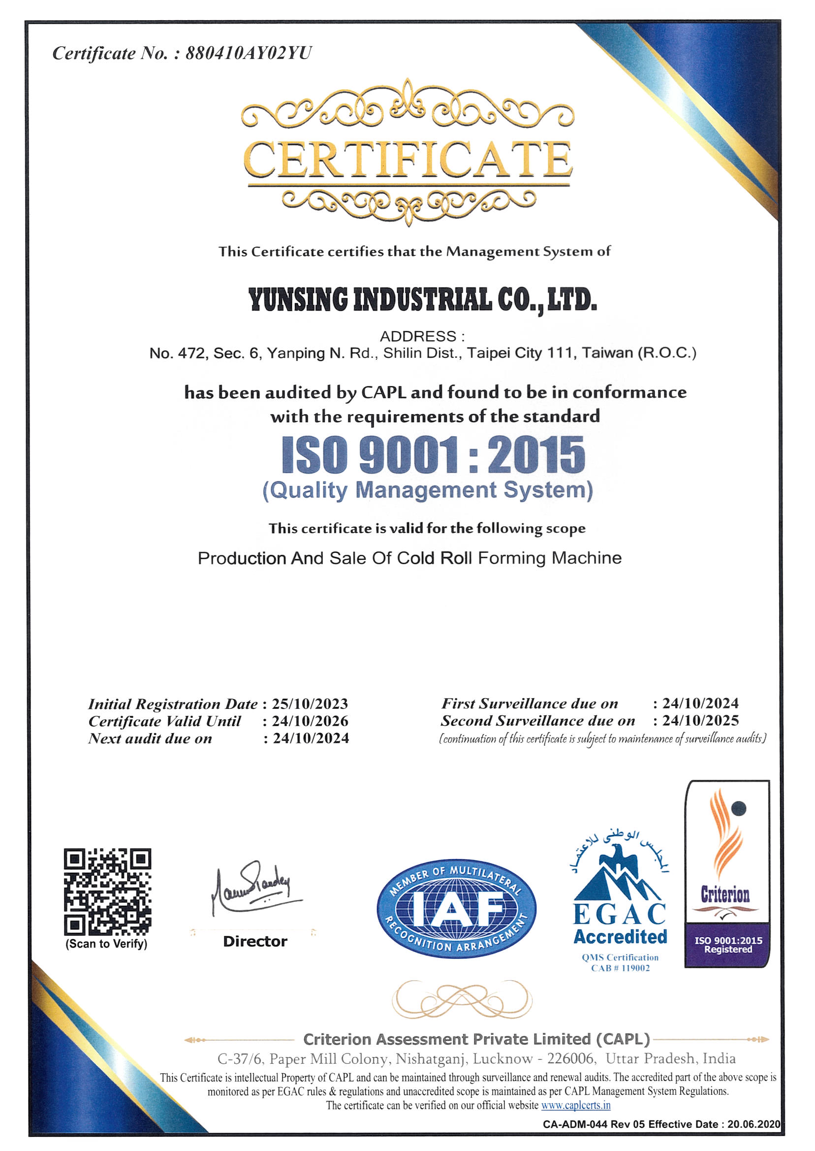 ISO 9001:2015 certification of YunSing
